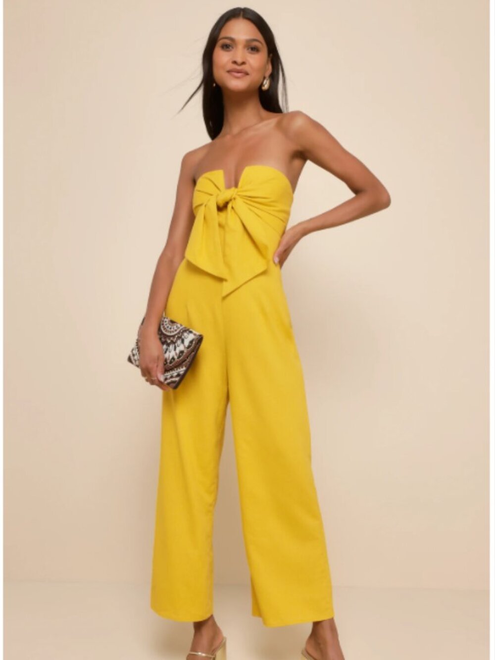 Lulus Sunshine Aura Mustard Yellow Tie-Front Strapless Jumpsuit
